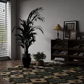 Stylish Entryway Cabinet and Side Cabinet with Potted Plants Table Lamps and Framed Art