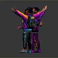 Four People In Colorful Neon Outfits With Arms Outstretched On Reflective Floor Gray Background