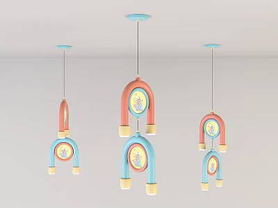 Colorful Cartoon Chandeliers with Curved Arcs Blue Orange Yellow and Round Patterns for Kids Room 3d model