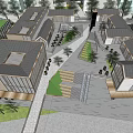 Modern Commercial Street With Stairs Pedestrians Tall Buildings Greenery And Glass Facades