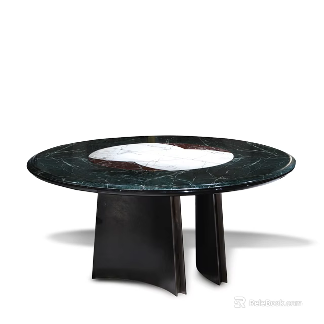 Modern Round Dining Table With Dark Green White Pattern Marble Top And Black Metal Legs 3d model 