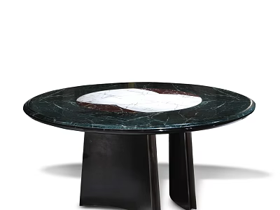 Modern Round Dining Table With Dark Green White Pattern Marble Top And Black Metal Legs 3d model
