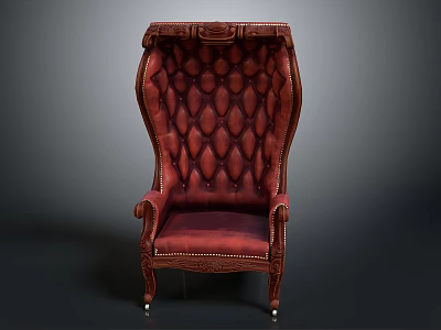 Ornate Red Tufted Accent Chair With Carved Wooden Frame And Armrests 3d model