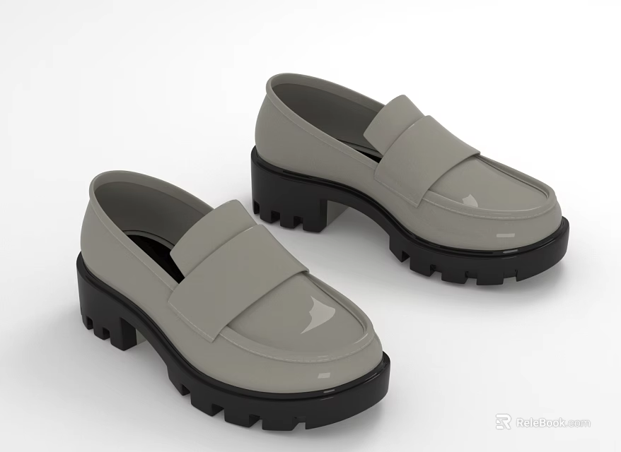 Gray Chunky Heel Loafers With Thick Non Slip Sole And Smooth Leather Upper 3d model 