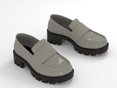 Gray Chunky Heel Loafers With Thick Non Slip Sole And Smooth Leather Upper 3d model