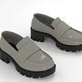 Gray Chunky Heel Loafers With Thick Non Slip Sole And Smooth Leather Upper
