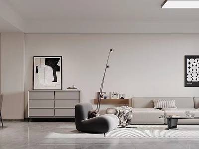 Minimalist Living Dining Room Interior With Beige Sofa Gray Accent Chair And Decorative Artworks 3d model