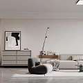 Minimalist Living Dining Room Interior With Beige Sofa Gray Accent Chair And Decorative Artworks