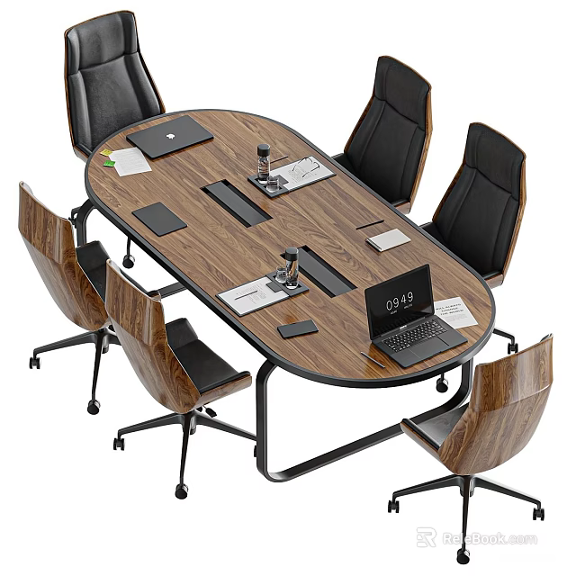Oval Wooden Office Desk With Laptop Documents Phone And Office Chairs 3d model 