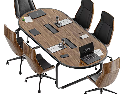 Oval Wooden Office Desk With Laptop Documents Phone And Office Chairs 3d model