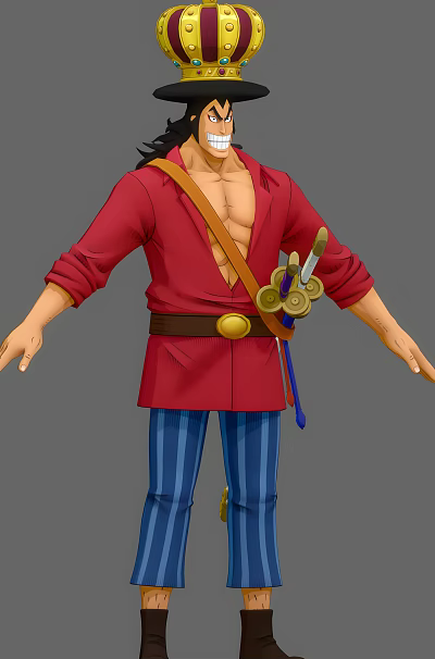 Game Movie Character Featuring Red Open Coat Brown Belt Blue Striped Pants Swords At Waist 3d model