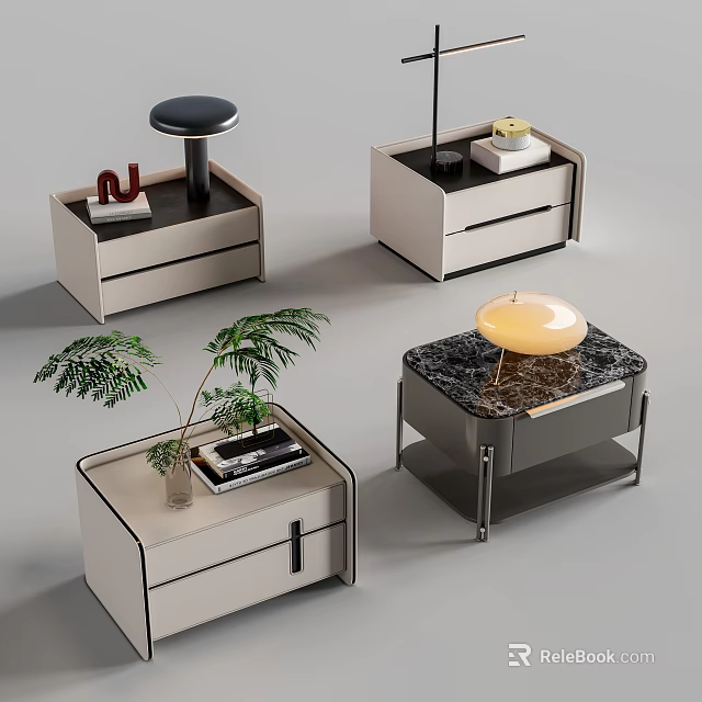 Modern Bedside Tables With Marble Top Drawer Storage And Lamp Books Plant Decor 3d model 