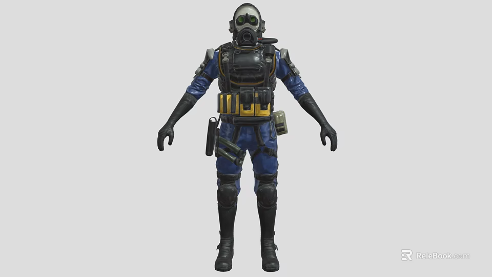 Game Movie Character in Blue Uniform with Gas Mask Yellow Utility Belt and Protective Gear 3d model 