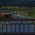 Scenic Night View Of Man On Bridge Traditional Pavilion Lotus Pond And Distant Modern Buildings