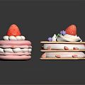Delicious Layered Round and Square Desserts with Fresh Strawberries Whipped Cream and Purple Berries