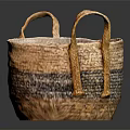 Handwoven Household Basket With Two Handles And Brown Black Stripes