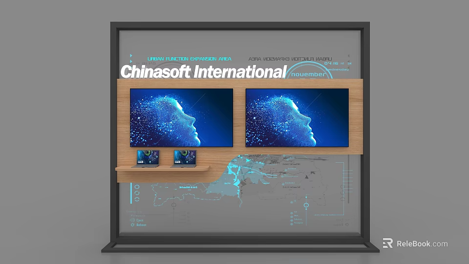 Chinasoft International Event Display Wall With Dual Screens And Blue Tech Graphics 3d model 