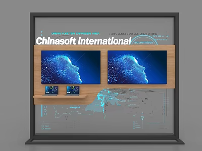Chinasoft International Event Display Wall With Dual Screens And Blue Tech Graphics 3d model