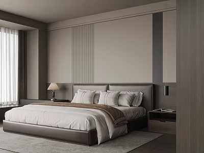 Modern Bedroom Interior Design With Large Bed Headboard Nightstand Table Lamp And Window Curtains 3d model