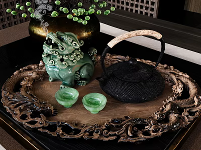 Elegant Decorative Ornament Set With Dragon Figurine Black Teapot And Green Teacups On Carved Tray 3d model