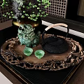 Elegant Decorative Ornament Set With Dragon Figurine Black Teapot And Green Teacups On Carved Tray