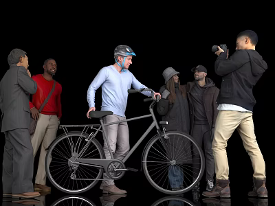 Group of People Taking Photos of Man Standing With Bicycle and Helmet 3d model