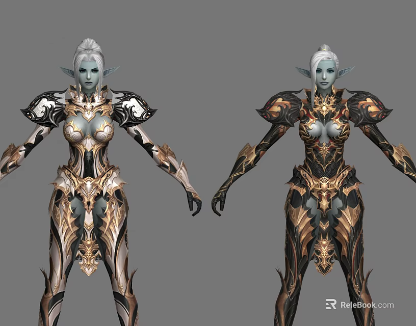 Game Movie Elf Characters With Silver Hair Pointed Ears And Gold Black Ornate Armor 3d model 