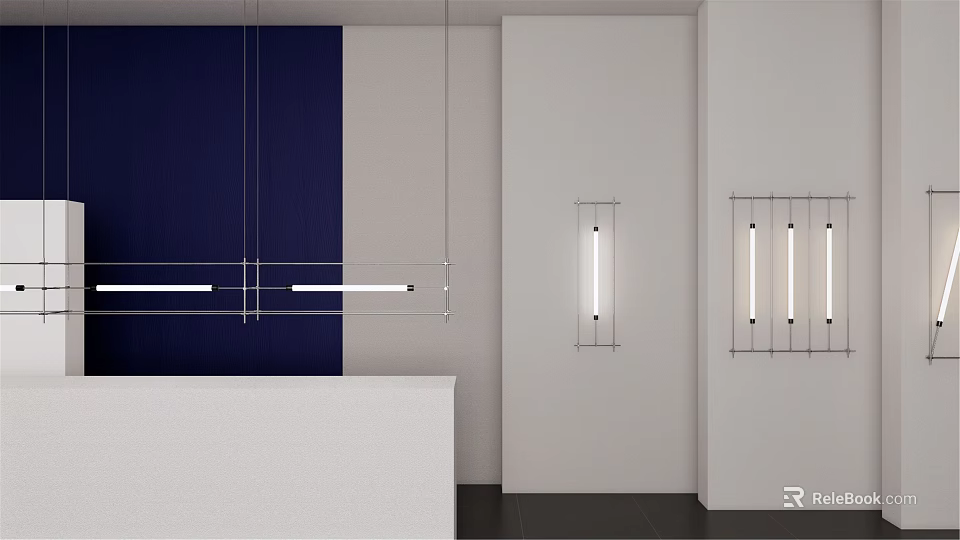 Contemporary Lighting Combinations With Hanging And Wall Mounted Linear Lights On Navy Blue White Walls 3d model 