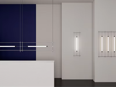 Contemporary Lighting Combinations With Hanging And Wall Mounted Linear Lights On Navy Blue White Walls 3d model