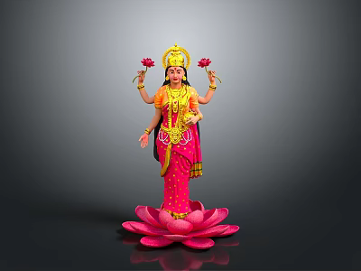 Four Armed Goddess Sculpture Carving Holding Lotus Flowers In Traditional Attire Standing On Lotus Pedestal 3d model