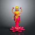 Four Armed Goddess Sculpture Carving Holding Lotus Flowers In Traditional Attire Standing On Lotus Pedestal