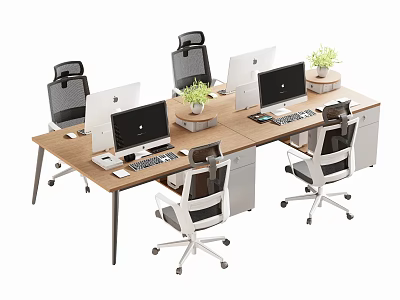 Modern Office Desk Setup With Multiple Computers Office Chairs Potted Plants And Equipment 3d model
