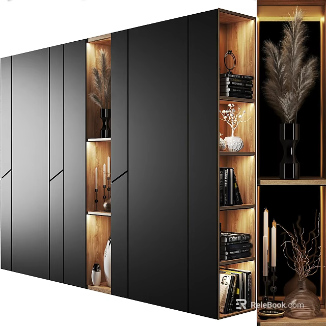 Modern Storage Cabinet With Black Doors Wooden Shelves And Decorative Feather Books Candles Frames 3d model 