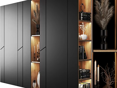 Modern Storage Cabinet With Black Doors Wooden Shelves And Decorative Feather Books Candles Frames 3d model