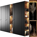 Modern Storage Cabinet With Black Doors Wooden Shelves And Decorative Feather Books Candles Frames