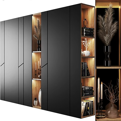 Modern Storage Cabinet With Black Doors Wooden Shelves And Decorative Feather Books Candles Frames 3d model