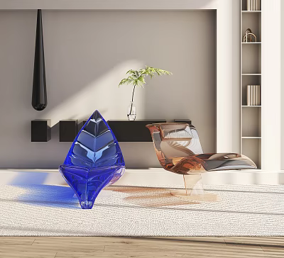Modern Brown Transparent Lounge Chair In Living Room With Plants Shelf And Decor 3d model