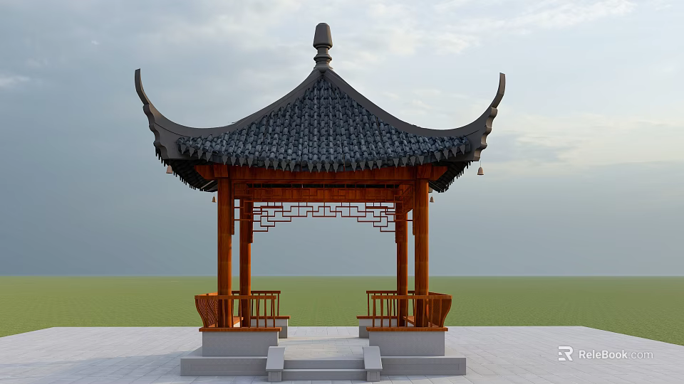 Traditional Chinese Pavilion With Curved Eaves Wooden Structure Carved Railings And Stone Base 3d model 