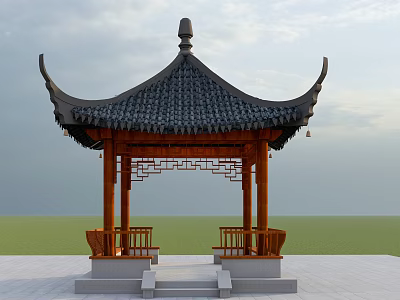 Traditional Chinese Pavilion With Curved Eaves Wooden Structure Carved Railings And Stone Base 3d model
