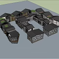 Scenic Commercial Street With Blue Roofs Green Trees Pedestrian Areas And Parking Lots