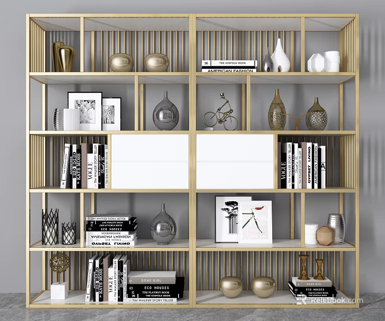 Modern Golden Display Shelf Unit With Books Decorative Vases Photo Frames And Ornaments 3d model 