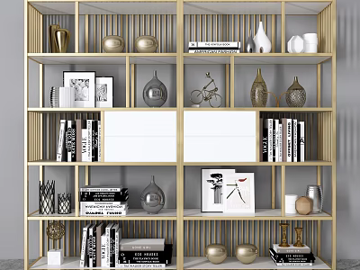 Modern Golden Display Shelf Unit With Books Decorative Vases Photo Frames And Ornaments 3d model