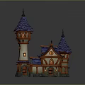 Fairy Tale Cartoon Style Castle Scene With Blue Roofs Spires Lit Windows And Stone Base
