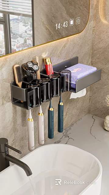 Black Wall Mounted Bathroom Accessories Organizer With Toothbrushes Comb Razor And Tissue Box 3d model 