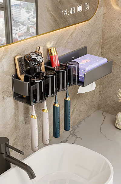 Black Wall Mounted Bathroom Accessories Organizer With Toothbrushes Comb Razor And Tissue Box 3d model