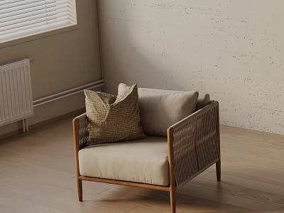 Stylish Accent Chair With Wooden Frame Beige Cushion And Woven Pillow In Light Room 3d model
