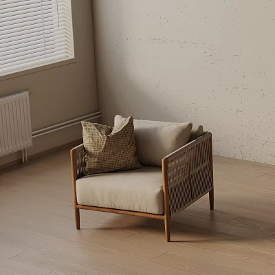 Stylish Accent Chair With Wooden Frame Beige Cushion And Woven Pillow In Light Room 3d model