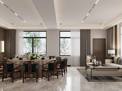 Spacious Modern Private Dining Room With Round Table And Sofa 3d model