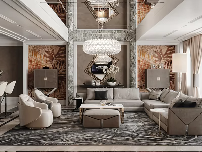 Elegant Modern Living And Dining Room Interior With Chandelier Sofa Rug And Decorative Walls 3d model