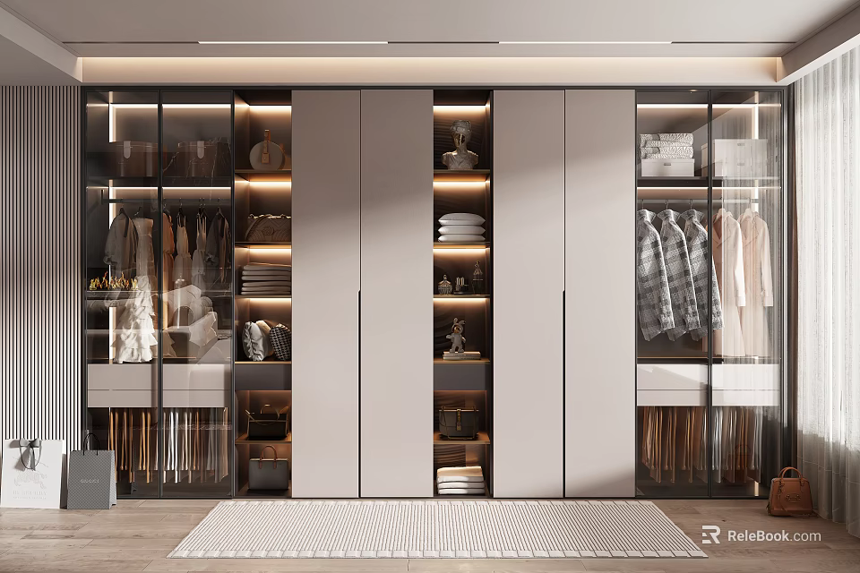 Modern Wardrobe Interior Design With Glass Doors Wooden Panels LED Lighting And Layered Storage 3d model 